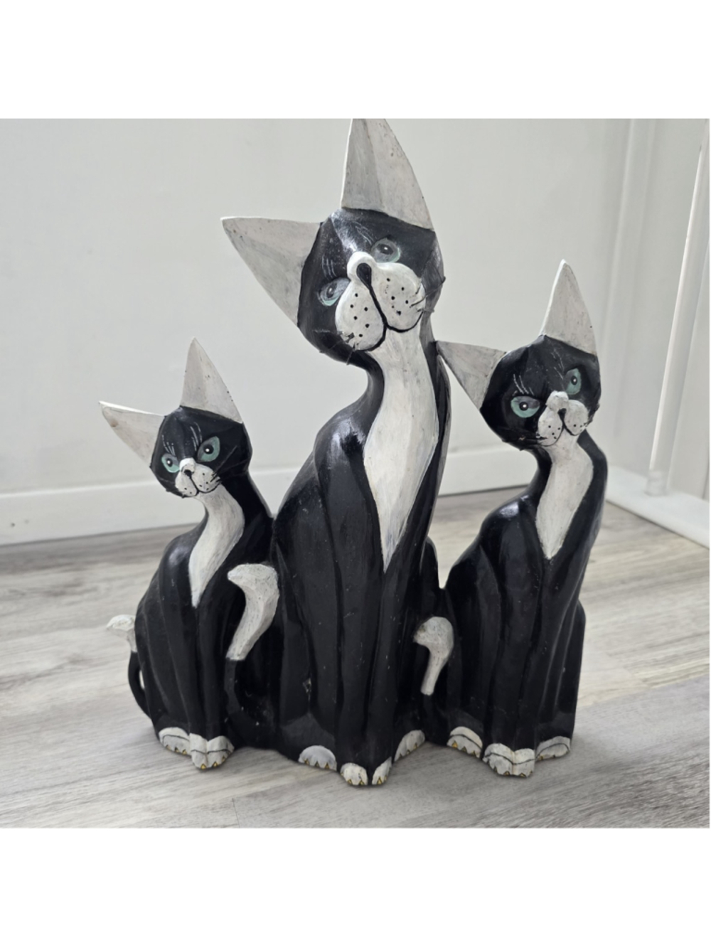 Vintage Wooden Cats Figurine Home Decor Trio Of Cats 14.5" Hand Carved Painted